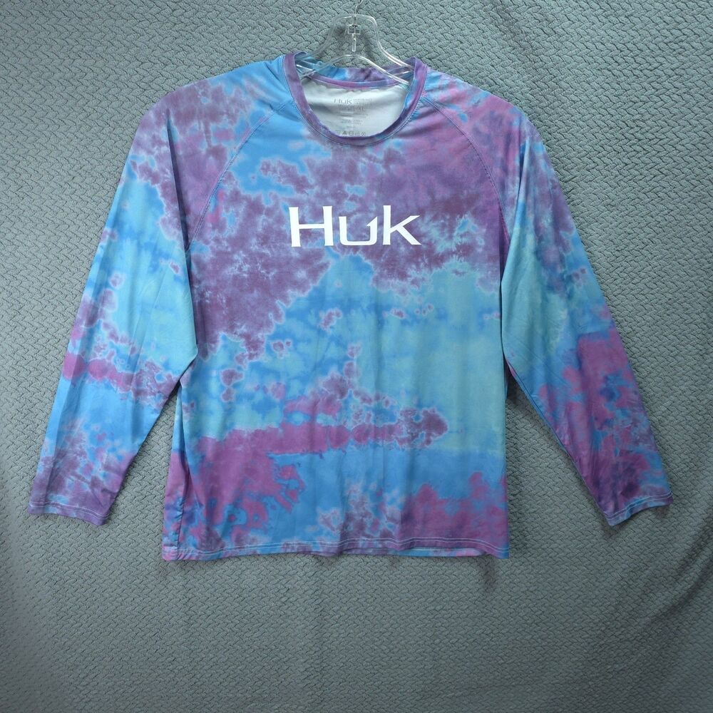 Huk Mens Fishing Shirt XL Blue Purple Tie Dye Vented Mesh UPF Protection Outdoor